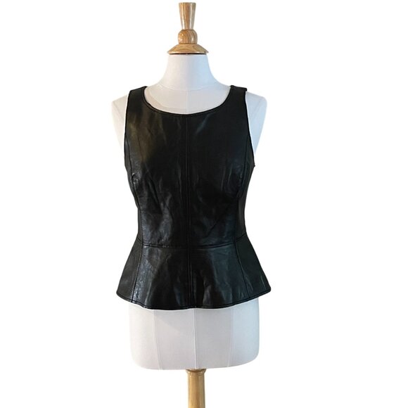 Halogen Black Leather Front Knit Tank Top/Blouse Stretch, Peplum, Size L - Picture 1 of 13